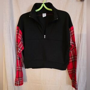 Upcycled Black and Red Plaid Sleeve Pullover